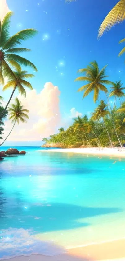 Tropical beach with turquoise waters and palm trees under a bright blue sky.