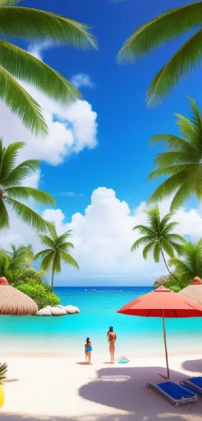 Tropical beach scene with palm trees and blue ocean, ideal for mobile wallpaper.