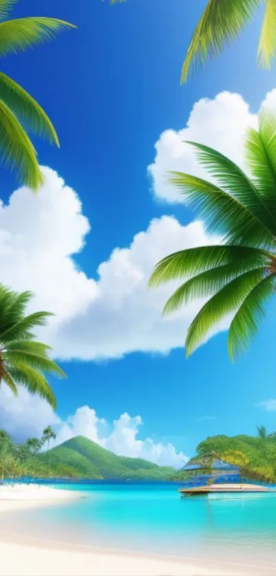 Tropical beach with palm trees and clear blue sky.