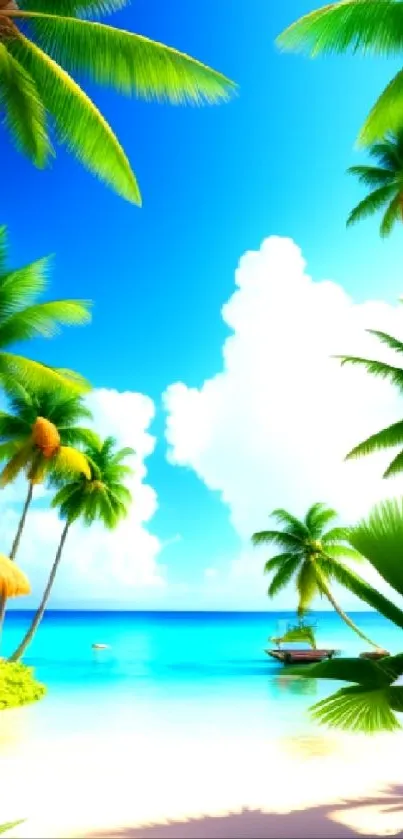 Tropical beach view with palm trees and clear blue sky.