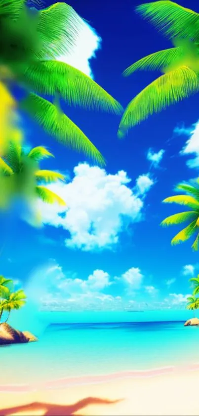 Tropical beach scene with palms and clear waters.