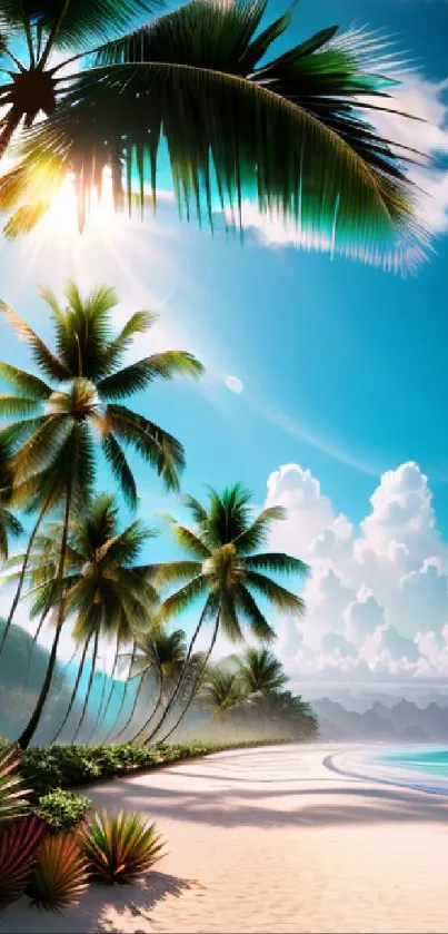 Tropical beach mobile wallpaper with palm trees and a sunny, clear blue sky.