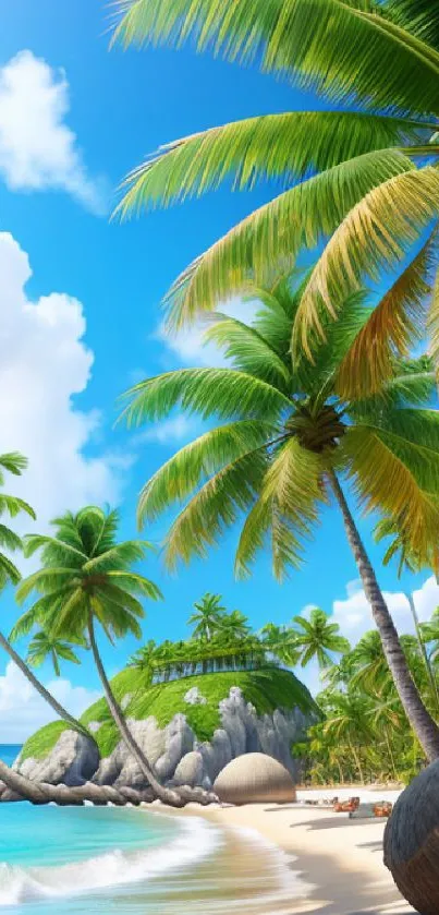 Tropical beach with palm trees and turquoise water under a bright blue sky.