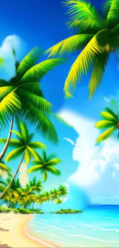 Tropical beach scene with palm trees and blue sky.