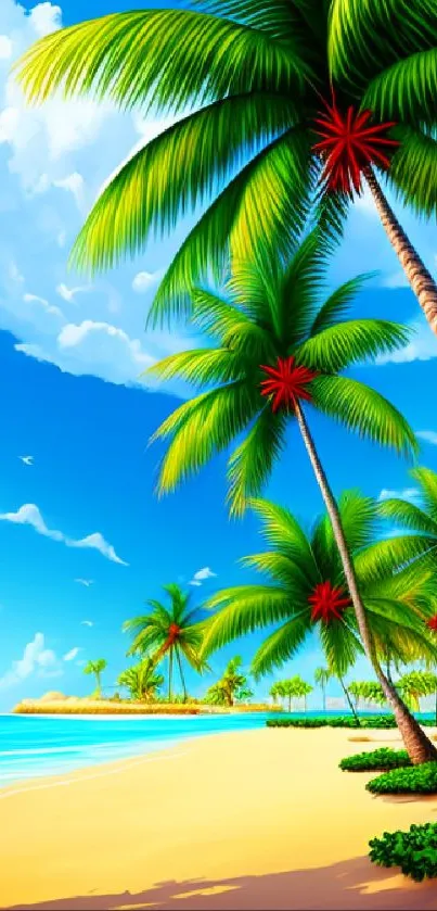 Tropical beach with palm trees and blue sky mobile wallpaper.