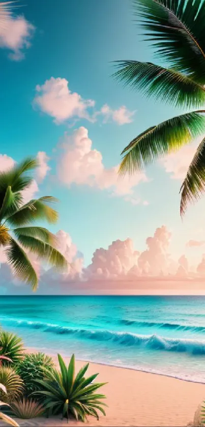 Tropical beach with palm trees and turquoise sea under a clear blue sky.