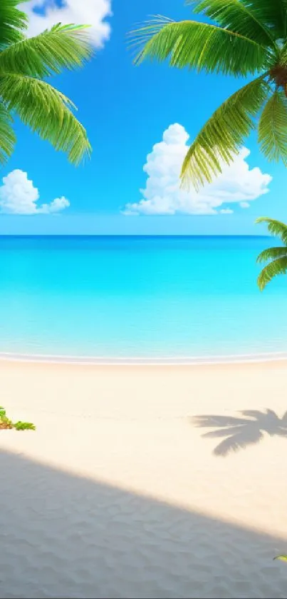 Tropical beach wallpaper with palm trees and blue ocean waters.