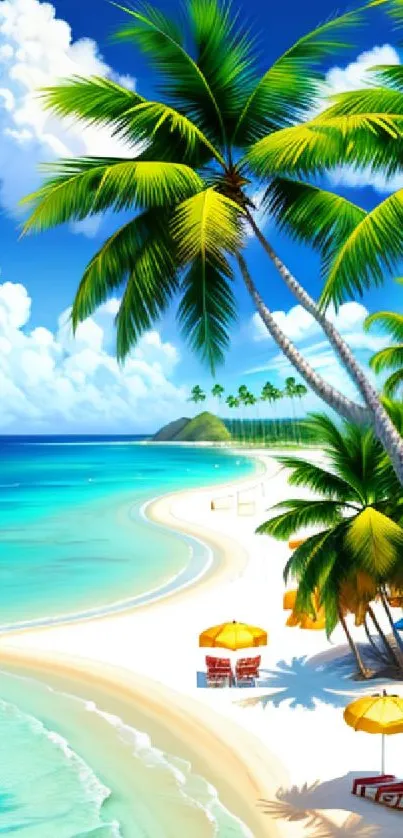 Vibrant tropical beach with palm trees and turquoise water under a sunny sky.