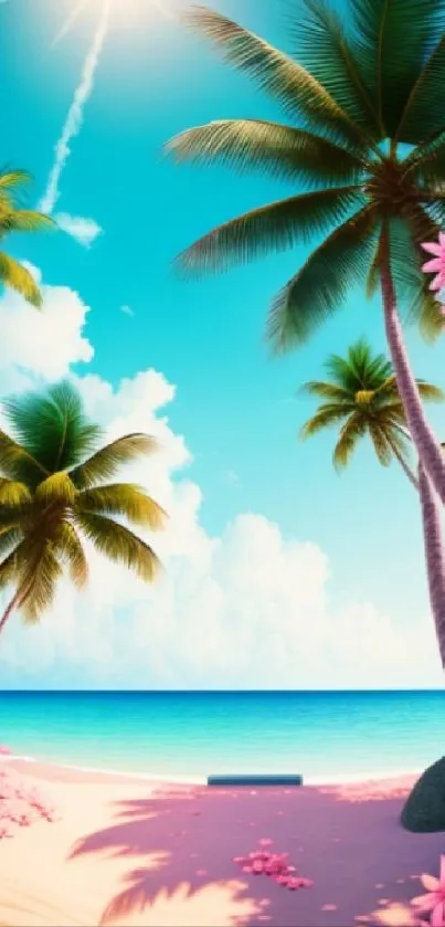 A beautiful tropical beach with palm trees and pink flowers under a sunny sky.