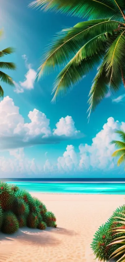 Tropical beach with palm trees under clear blue sky.