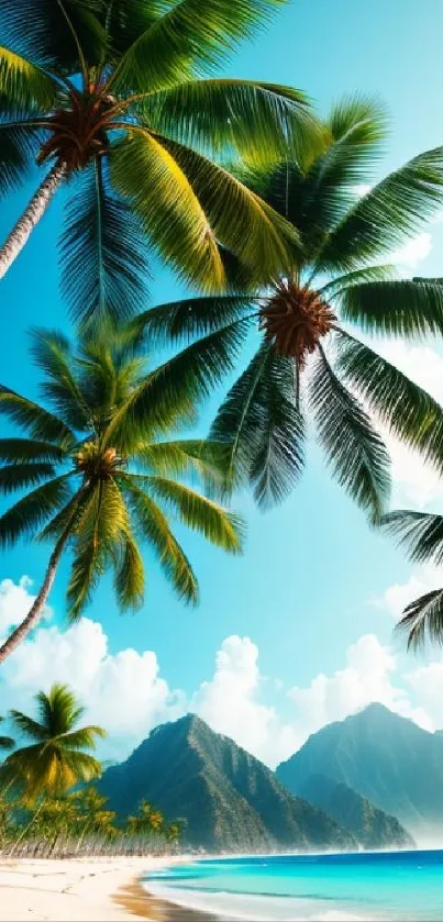 Tropical beach scene with palm trees, ocean, and mountains under a blue sky.