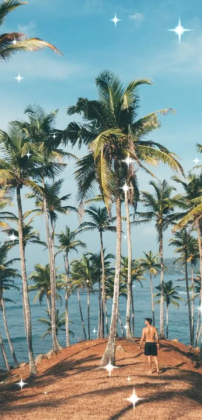 Tropical island beach with palm trees and ocean view mobile wallpaper.