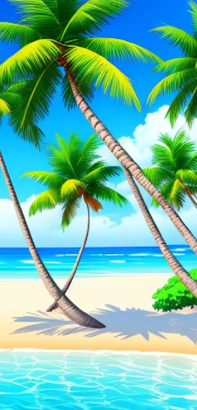 Tropical beach with palm trees and blue water wallpaper.