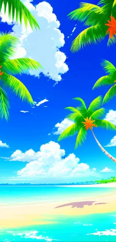 Tropical beach wallpaper with palm trees and blue sky.