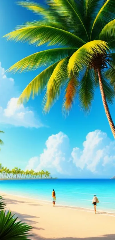 A stunning tropical beach with palm trees under a bright blue sky.