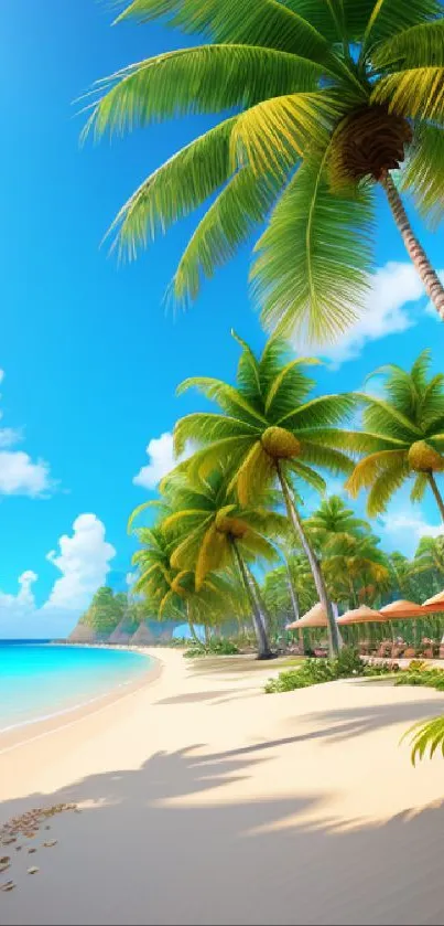 Tropical beach with palm trees and blue sky, perfect for a serene mobile background.