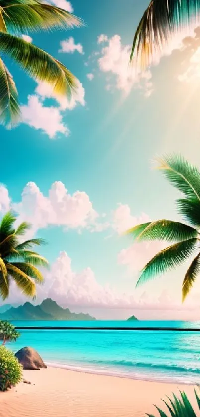 Tropical beach scene with palm trees and turquoise waters under a sunny sky.