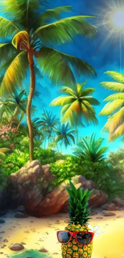 Tropical beach with palm trees and clear blue sky wallpaper.