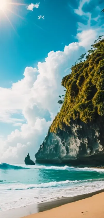 Tropical beach with azure waters, lush cliffs, and bright sunlit sky.