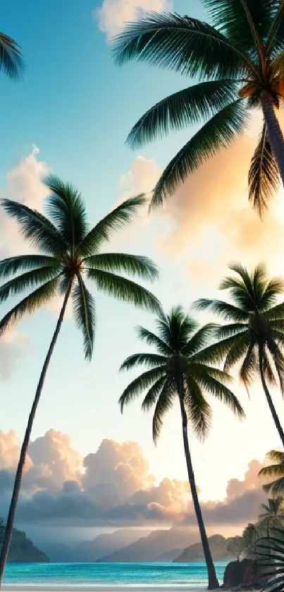 Tropical beach scene with palm trees and a serene ocean under a blue sky.