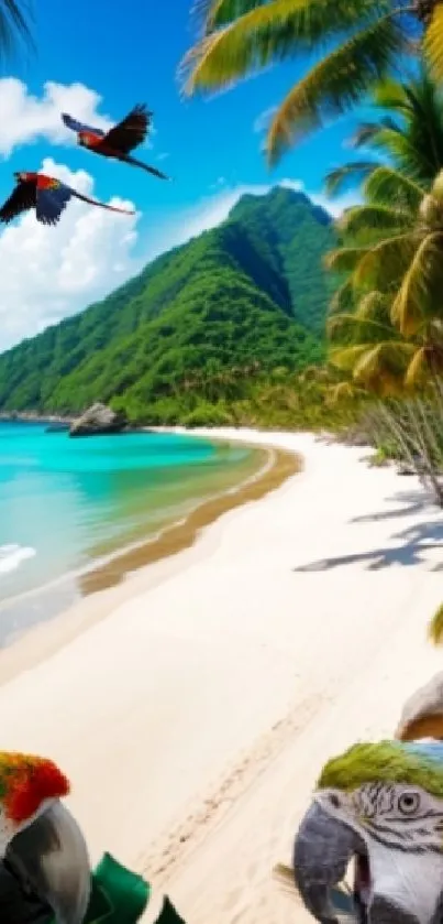 Vibrant tropical beach with parrots and palm trees under a clear blue sky.