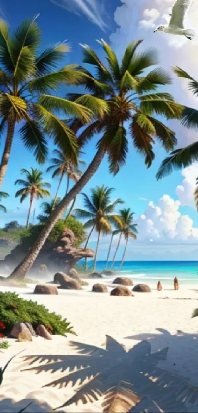 Tropical beach with palm trees and serene ocean under a bright blue sky.