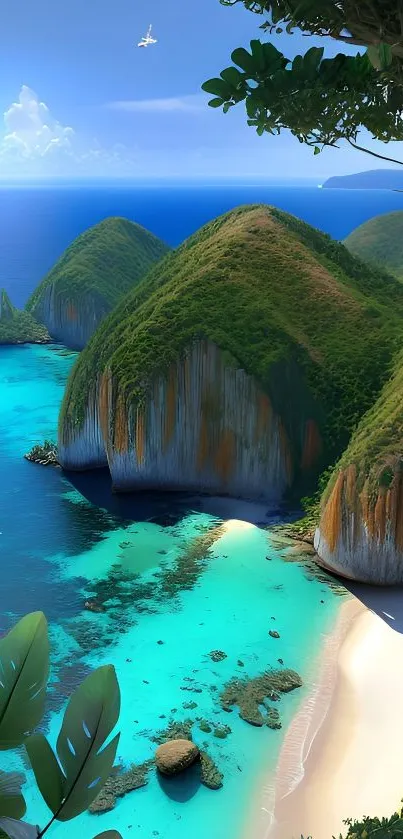 Tropical paradise with ocean and lush hills.