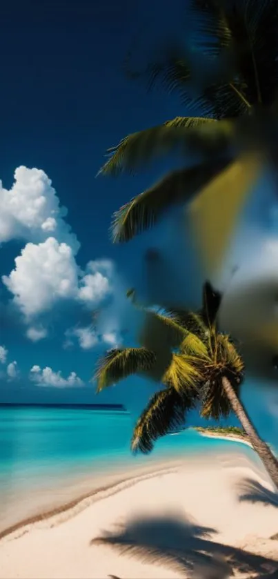 Tropical beach with palm trees under a vibrant blue sky.