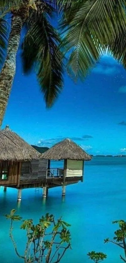 Tropical beach scene with palm trees and overwater huts under blue sky.