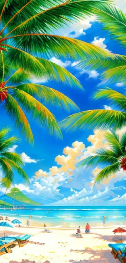 Vibrant tropical beach wallpaper with palm trees and clear blue skies.