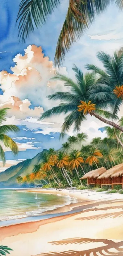 Tropical beach illustration with palm trees and blue sky.