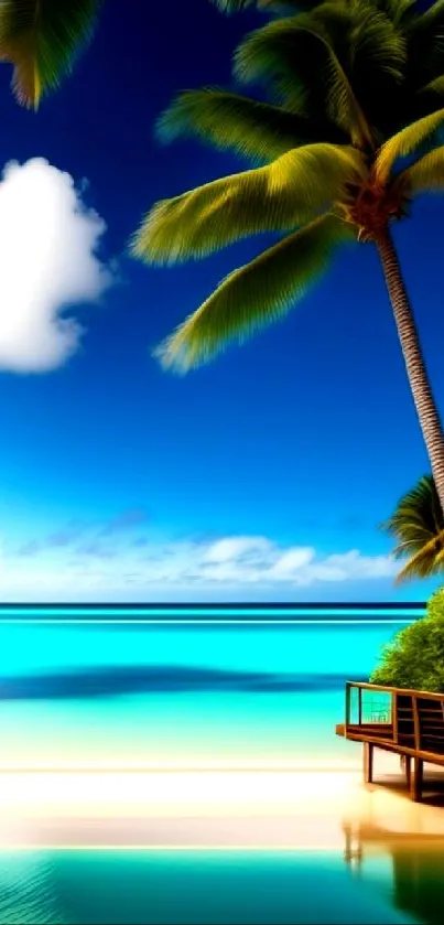 Tropical beach with palms and turquoise sea under a clear blue sky.