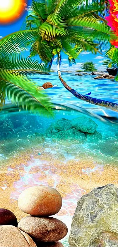 Vibrant tropical beach wallpaper with palm trees and ocean.