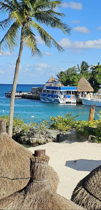 Tropical beach with palm trees, huts, and boats on clear blue waters.