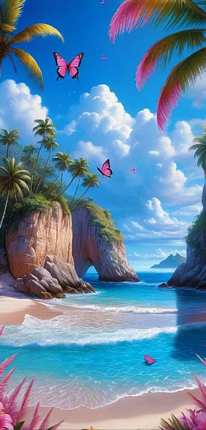 Tropical beach scene with butterflies under blue sky on mobile wallpaper.