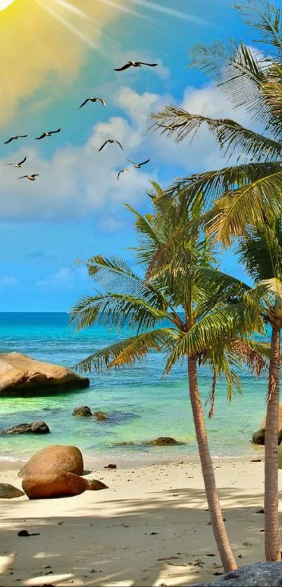 Tropical beach with azure skies and turquoise ocean.