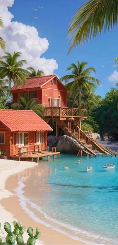 Tropical beach with cabins and palm trees, perfect for a relaxing wallpaper.