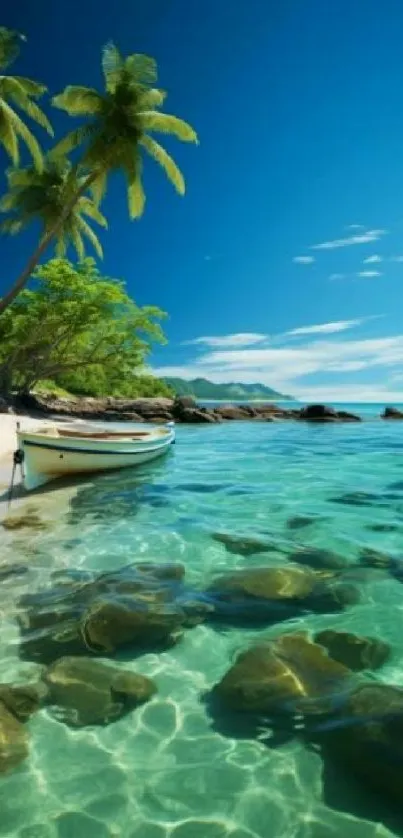 Tropical paradise beach with palm trees and crystal-clear waters.