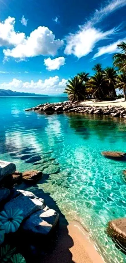Tropical seaside with turquoise waters and palm trees.