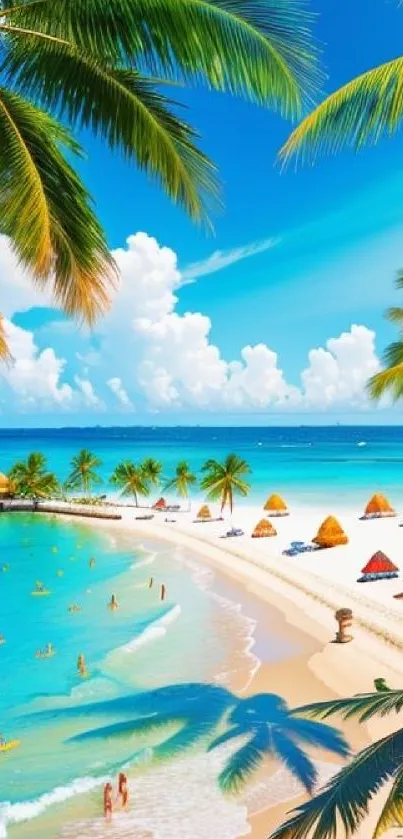 Tropical beach with palm trees and blue ocean under a sunny sky.