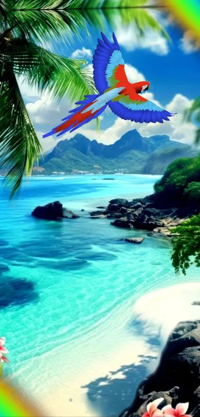 A tropical beach with blue waters and green foliage under a clear sky.