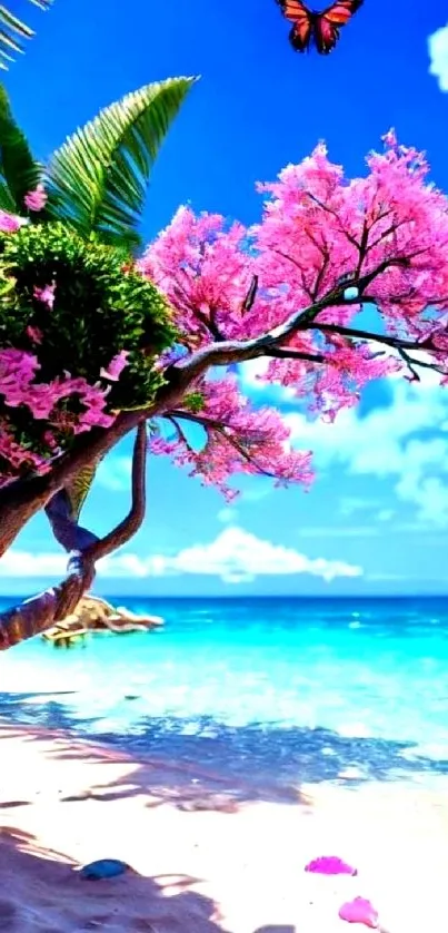 A scenic view of a tropical beach with pink blossoms and a clear blue sky.