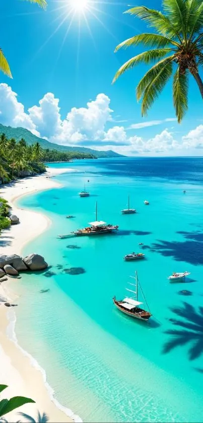 Tropical beach with palm trees under a sunny blue sky.