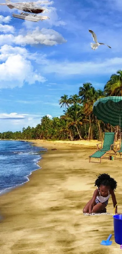 Tropical beach scene with palm trees, blue sky, and sandy shores.