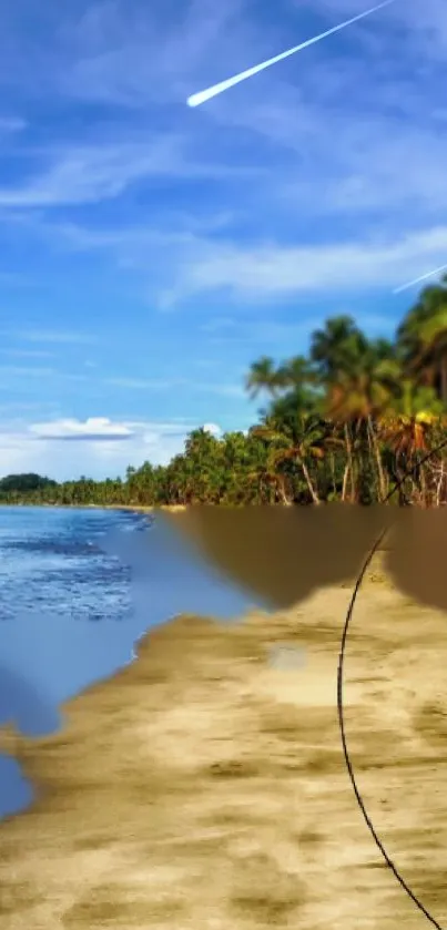 Tropical beach with clear blue skies and palm trees lining the coastline.