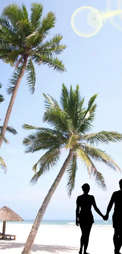 Couple walking on a tropical beach with palm trees under a clear blue sky.