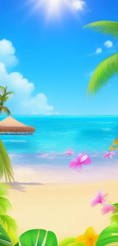 Tropical beach wallpaper with ocean, palms, and flowers under a bright sun.