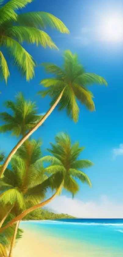 Tropical beach with palm trees under a bright blue sky and sun.