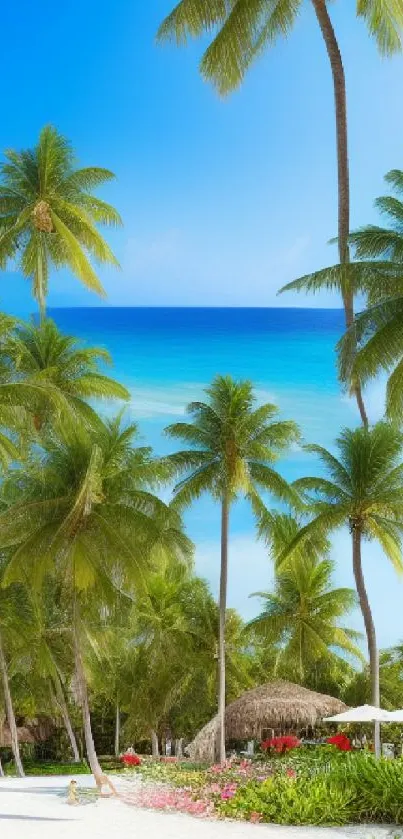 Tropical beach wallpaper with palm trees and blue ocean.