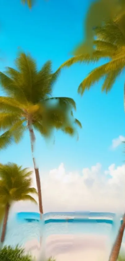 Tropical beach with palm trees and clear blue sky wallpaper.